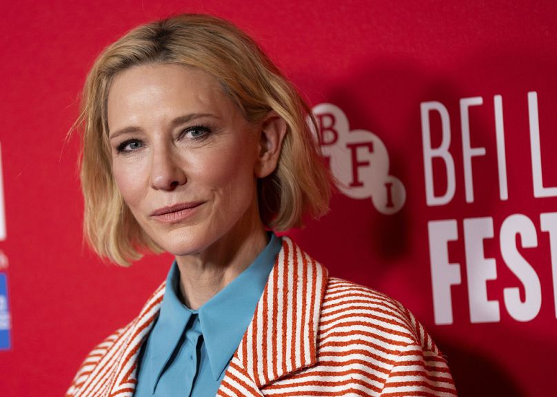 Cate Blanchett poses for photographers upon arrival at the premiere of the film 'Rumours' during the London Film Festival, 2024. 