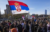 Students walk towards the northern city of Novi Sad, where they will participate in a 24 hour block of three bridges to protest the deaths of 15 people killed in November.