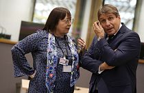 Union leader Esther Lynch with BusinessEurope director Marcus Beyrer in the European Council building in Brussels, October 2023
