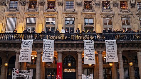 Striking comedians of the Comedie-Francaise perform outside the French theatre the Comedie-Francaise, in Paris, France, Sunday, March 1, 2020.
