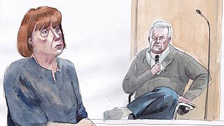 FILE - This courtroom sketch shows Gisèle Pelicot, left, and her ex-husband Dominique Pelicot, right, during his trial in Avignon, southern France, on Sept. 17, 2024. 