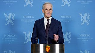 Norway's Prime Minister Jonas Gahr Store holds a press conference at the Prime Minister's Office in Oslo, Norway, Thursday, Jan. 30, 2025