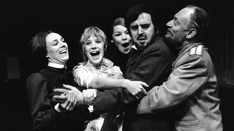 The cast, from left, Avril Elgar, Marianne Faithfull, Glenda Jackson, George Cole and Alan Webb, rehearse a performance of Chekhov's play "Three Sisters" - 1967