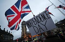 Brexit supporters gather during a rally in London, Friday, Jan. 31, 2020. Britain officially leaves the European Union on Friday after a debilitating political period.