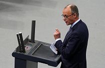 German opposition leader and Christian Union parties floor leader Friedrich Merz speaks after the debate and a voting about migration at the German parliament Bundestag.