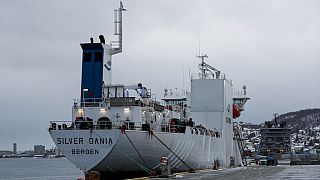 The Norwegian-owned ship Silver Dania, suspected of cable sabotage in the Baltic Sea, is the port of Tromso, Norway, Friday, Jan. 31, 2025