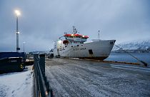 The Norwegian-owned ship Silver Dania at the port of Tromsø, Norway, for investigation Friday, Jan.31, 2025. 