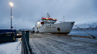 The Norwegian-owned ship Silver Dania at the port of Tromsø, Norway, for investigation Friday, Jan.31, 2025. 