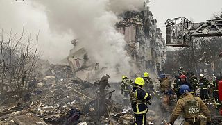 A residential building destroyed  following a Russian rocket attack in Poltava, Ukraine, Saturday, Feb. 1, 2025.
