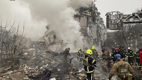 A residential building destroyed  following a Russian rocket attack in Poltava, Ukraine, Saturday, Feb. 1, 2025.