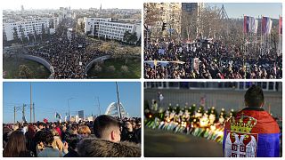 A Váradi híd újvidéki oldala, a Szabadság híd, a Žeželj híd, és egy fiú az újvidéki vasútállomás előtt, 2025. február 1-jén, illetve január 31-én