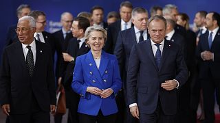 European Council President Antonio Costa, European Commission President Ursula von der Leyen and Poland's Prime Minister Donald Tusk at an EU summit in Brussels, Dec 19, 2024.
