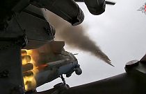 FILE - Russian MI-35M helicopter launches rockets toward Ukrainian position in the Russian - Ukrainian border area in the Kursk region, Russia, Jan 23 2025