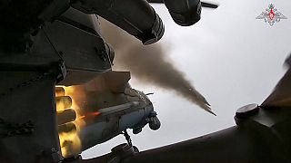 FILE - Russian MI-35M helicopter launches rockets toward Ukrainian position in the Russian - Ukrainian border area in the Kursk region, Russia, Jan 23 2025