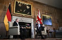Britain's Prime Minister Keir Starmer, right, speaks with Germany's Chancellor Olaf Scholz during their bilateral meeting at the Chequers, in Aylesbury, England, Sun, Feb.25