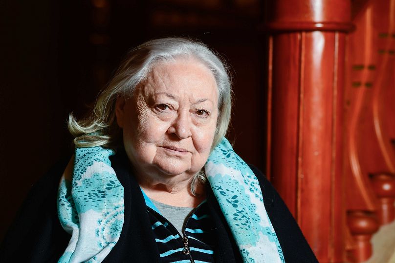 ARCHÍV: Molnár Piroska színművész A reménység oszlopa című hangjáték felvétele után a Thália Színházban 2021. április 26-án