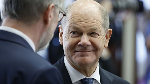 Germany's Chancellor Olaf Scholz, right, speaks with Czech Republic's Prime Minister Petr Fiala at a round table meeting during an EU summit in Brussels, Monday, Feb. 3, 2025.