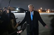 U.S. President Donald Trump speaks to reporters next to Air Force One on 2 February 2025.