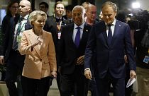 European Commission President Ursula von der Leyen, left, Council President Antonio Costa, center, and Polish Prime Minister Donald Tusk at the European Council, Feb. 3, 2025