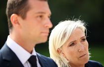 Marine Le Pen, parliamentary leader of the French far-right party RN, and Jordan Bardella, the party's president.