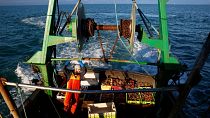 French fisherman tands aboard the trawler Le Chant des Sirenes at the limits of the French-UK waters, off Granville, Normandy.