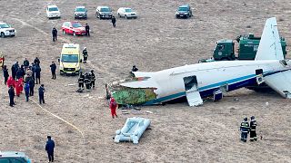 The wreckage of Azerbaijan Airlines Embraer 190 lays on the ground near the airport of Aktau, Kazakhstan, 25 December 2024