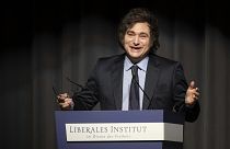 Argentina President Javier Milei speaks at an event in Switzerland in January 2025.