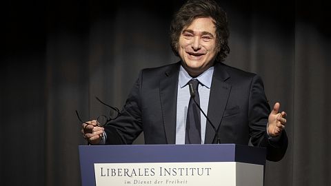 Argentina President Javier Milei speaks at an event in Switzerland in January 2025.