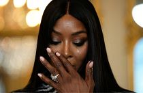 Naomi Campbell cries after being awarded with the medal of "Chevalier de l'Ordres des Arts et des Lettres", at the Culture ministry, in Paris, Thursday, Sept. 26, 2024