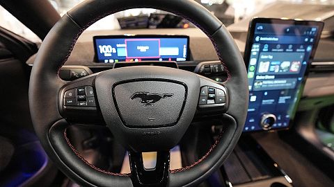 The interior of a Ford Mustang Mach-E electric car 