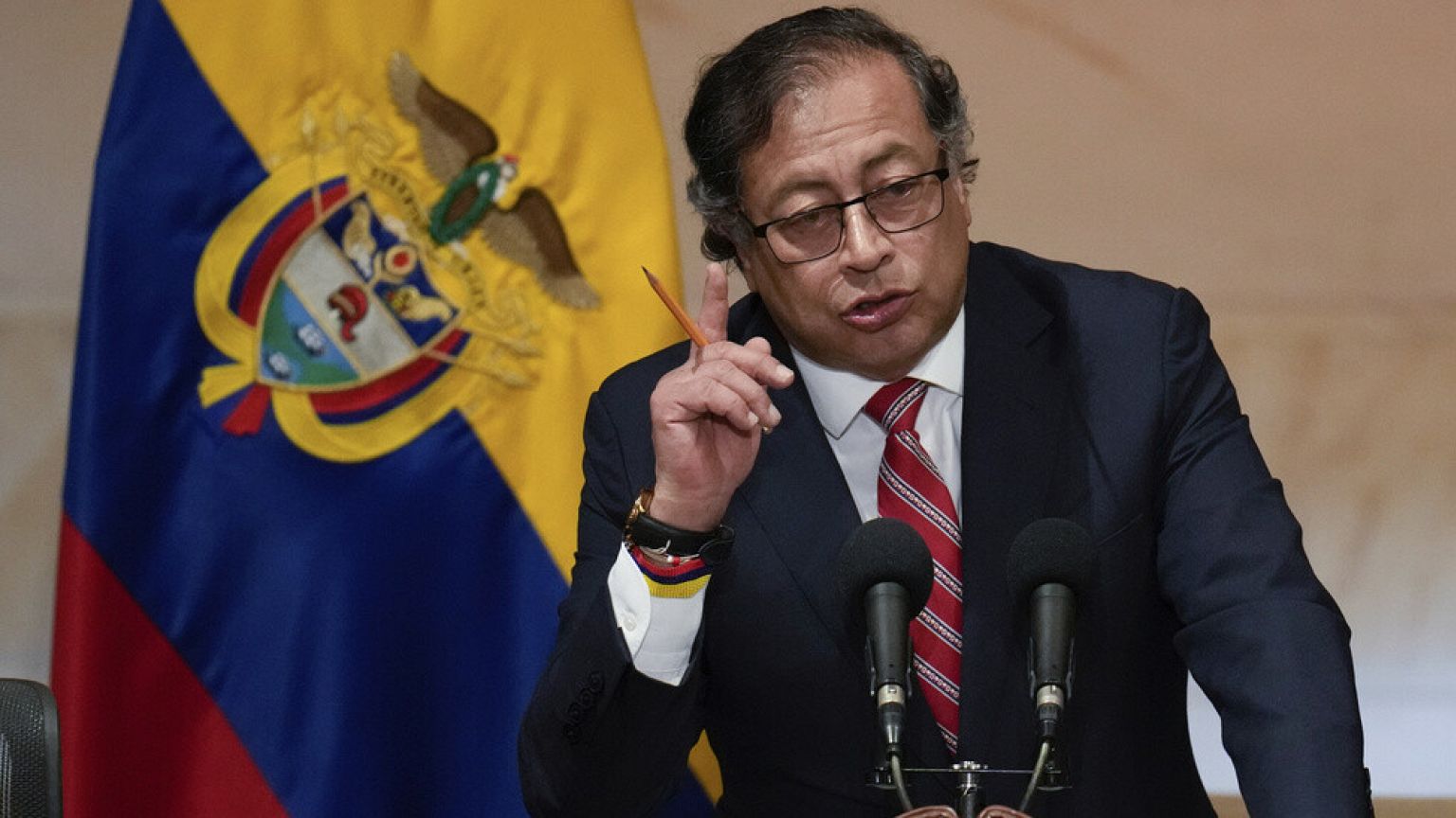 FILE: Colombia's President Gustavo Petro delivers a speech during the inauguration of a congressional session in Bogota, Colombia, on July 20, 2023.