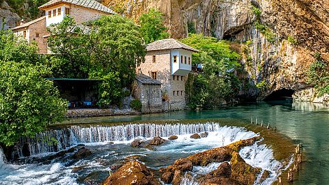 Buna River spring and Blagaj Dervish house in Bosnia