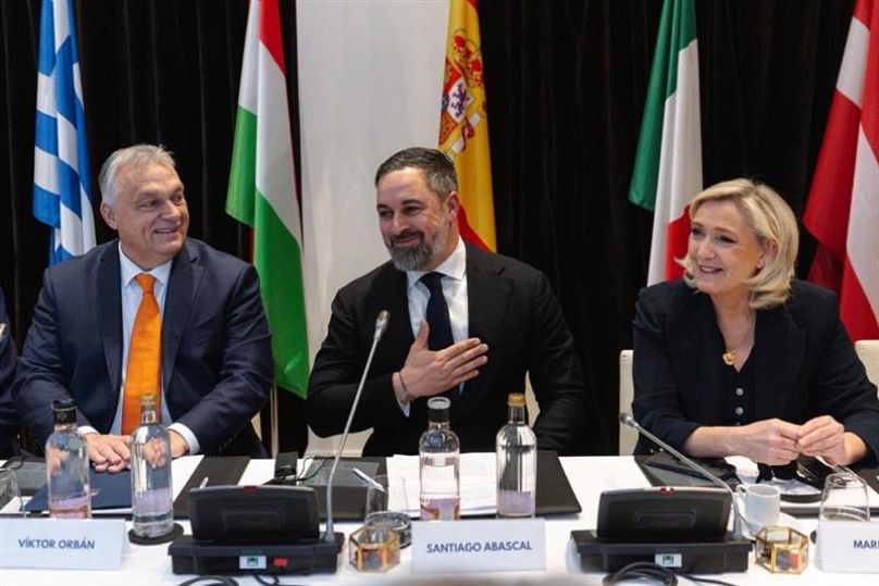 Viktor Orban, Santiago Abascal and Marine Le Pen during the Patriots for Europe summit in Madrid.