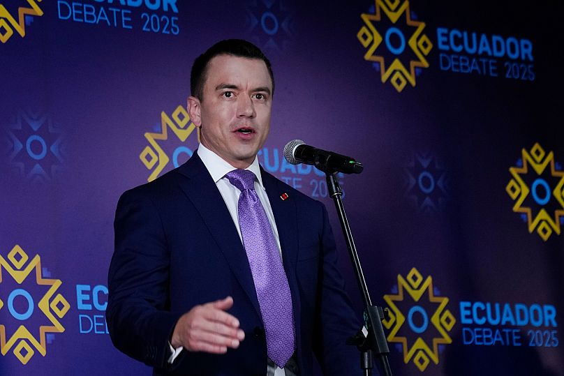 الرئيس دانييل نوبوا، الذي يترشح لإعادة انتخابه عن حزب العمل الديمقراطي الوطني،كيتو، الإكوادور، الأحد 19 يناير/كانون الثاني 2025