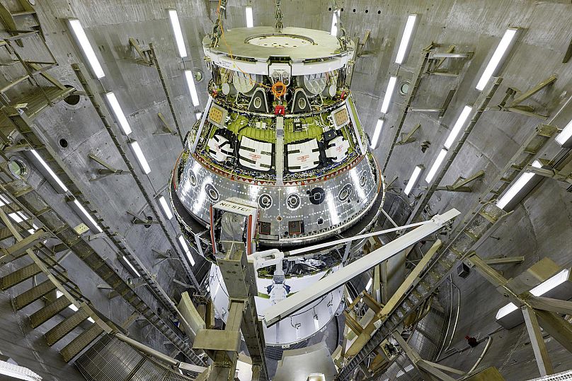 Artemis II Orion spacecraft being moved to the west altitude chamber at NASA’s Kennedy Space Center for deep-space vacuum testing on June 28, 2024.