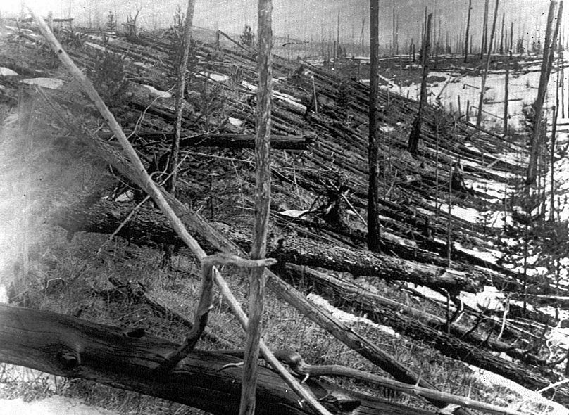 Sur cette photo de 1953, des arbres jonchent la campagne sibérienne 45 ans après qu'une météorite a frappé la Terre près de Toungouska, en Russie.