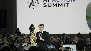 French President Emmanuel Macron speaks during the Artificial Intelligence Action Summit at the Grand Palais in Paris, Monday, Feb. 10, 2025.