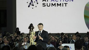 French President Emmanuel Macron speaks during the Artificial Intelligence Action Summit at the Grand Palais in Paris, Monday, Feb. 10, 2025.