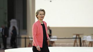European Commission President Ursula von der Leyen arrives at the Grand Palais during the Artificial Intelligence Action Summit in Paris, Tuesday, Feb. 11, 2025.