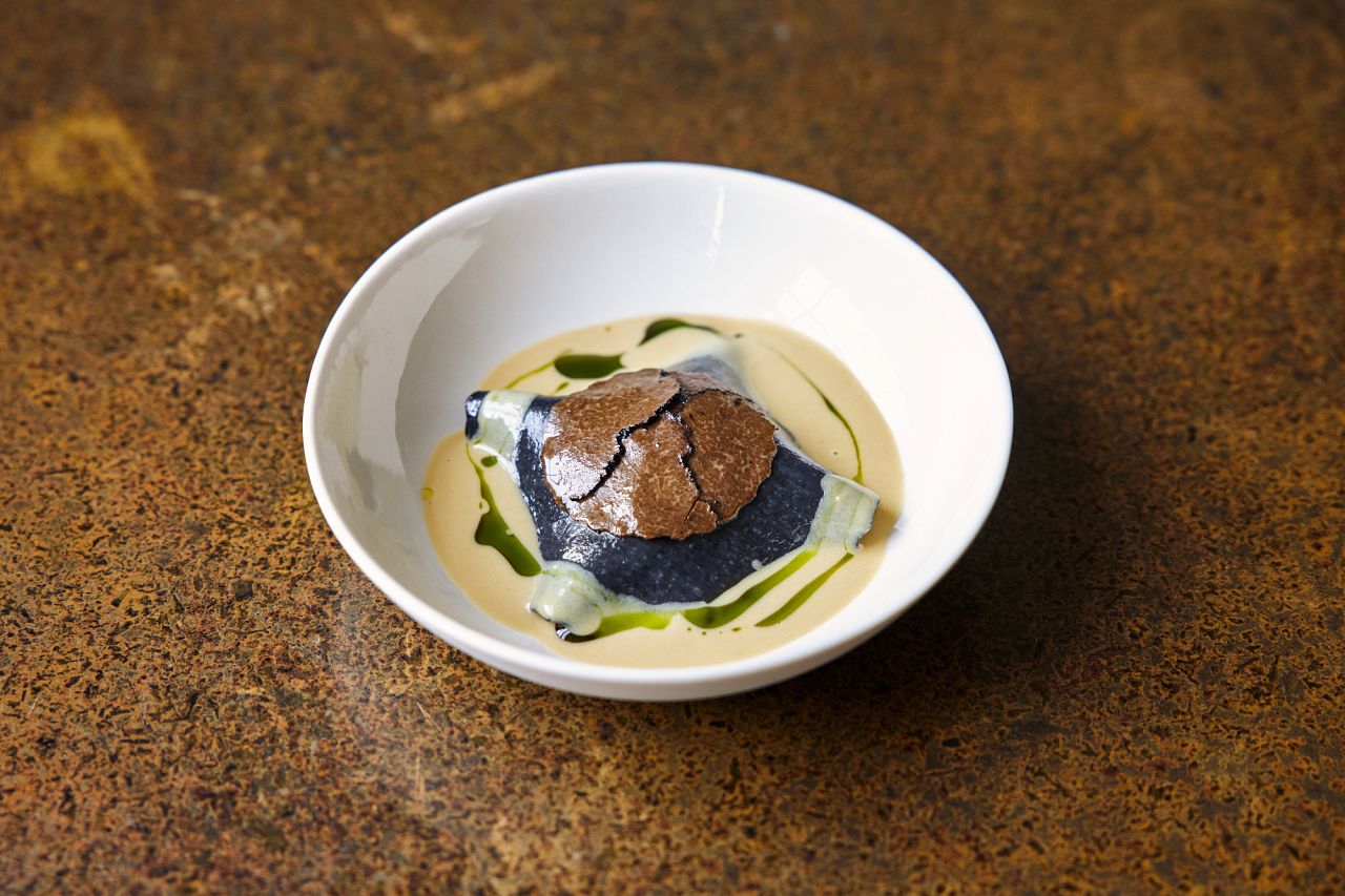 Plates' mung and urad bean lasagne in a miso and chive sauce