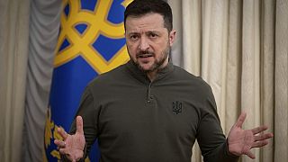 Ukrainian President Volodymyr Zelenskyy speaks during the briefing with President of the European Investment Bank Nadia Calvino in Kyiv, Ukraine, Monday, Feb. 10, 2025. 