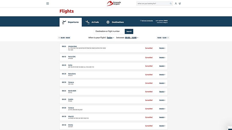 Brussels Airport website shows cancelled departures