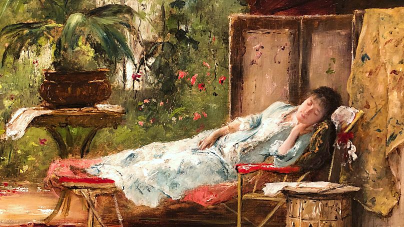 Alvó nőalak Munkácsy egyik szalonképén - A kis cukortolvaj, 1883 (részlet)
