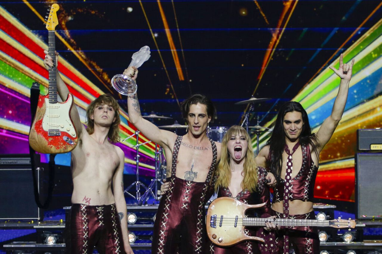 Italy's Måneskin, from left guitarist Thomas Raggi, lead vocalist Damiano David, bass player Victoria De Angelis and drummer Ethan Torchio, pose after winning Eurovision.