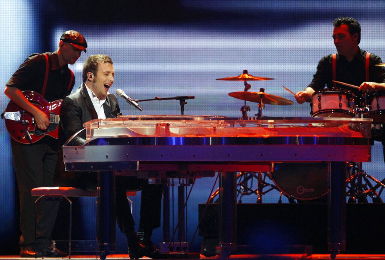 Raphael Gualazzi of Italy performs 'Madness of love' during the final rehearsal for the 2011 Eurovision Song Contest in Dusseldorf, Germany.