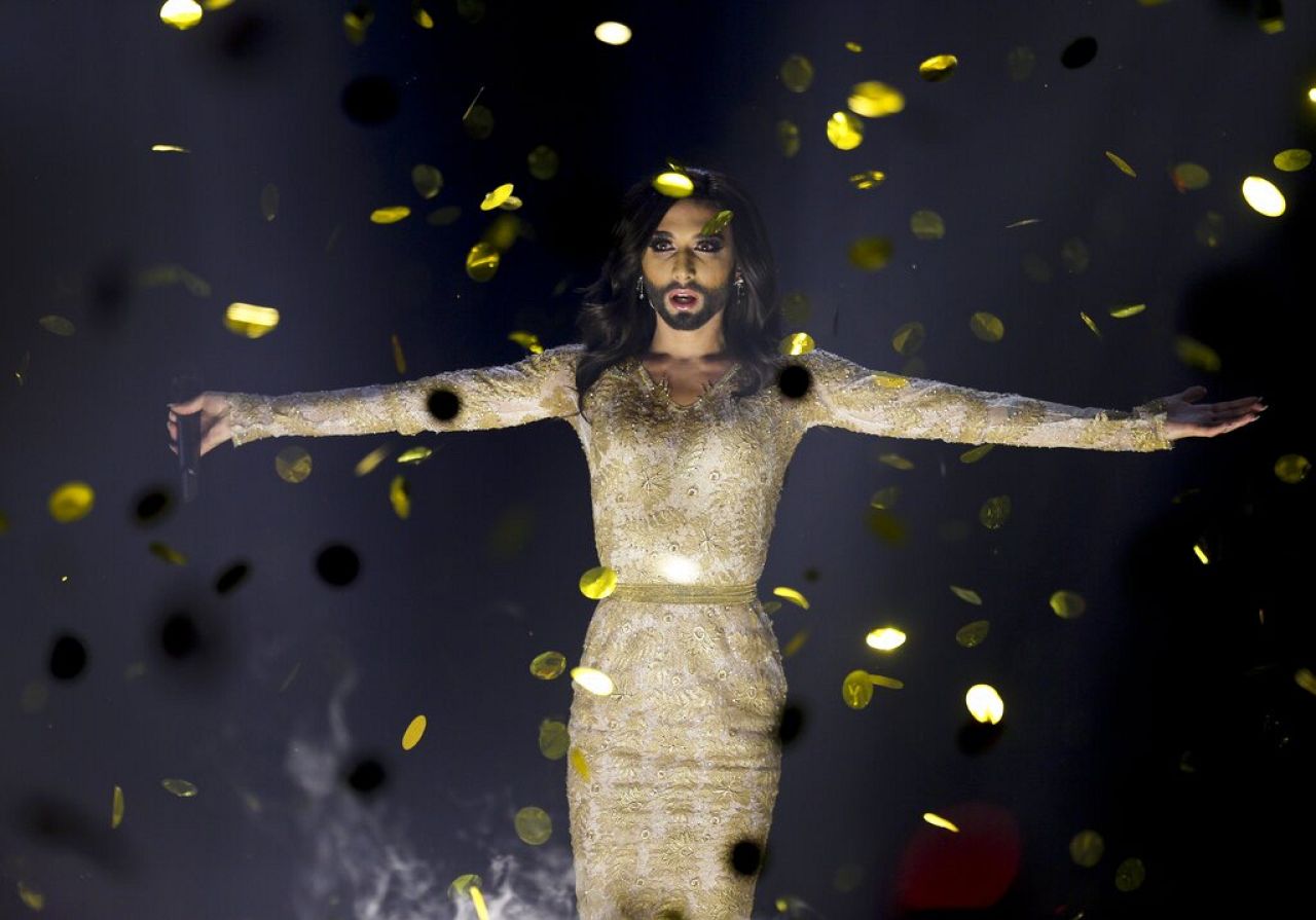 Austria's Conchita Wurst sings 'Rise Like a Phoenix' after winning the Eurovision Song Contest at the B&W Halls in Copenhagen, Denmark.