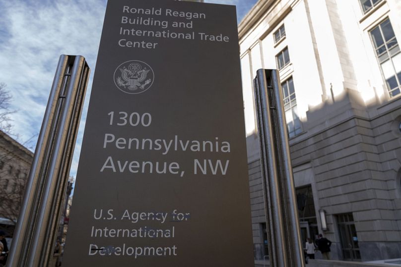 The U.S. Agency for International Development sign is seen outside of USAID headquarters in Washington, Friday, Feb. 7, 2025
