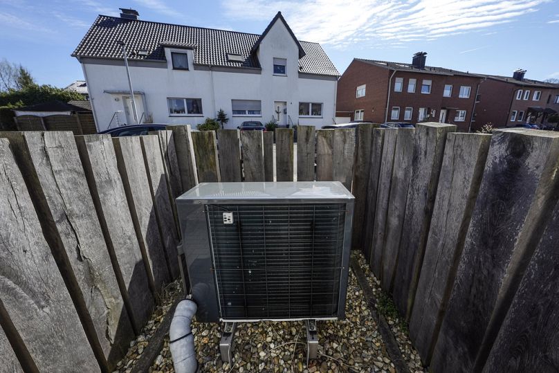 An air-to-water heat pump system is installed at a suburb new housing estate in Marl, Germany.