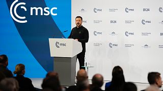 Ukraine's President Volodymyr Zelenskyy speaks during the Munich Security Conference at the Bayerischer Hof Hotel in Munich, Germany, Saturday, Feb. 15, 2025. 