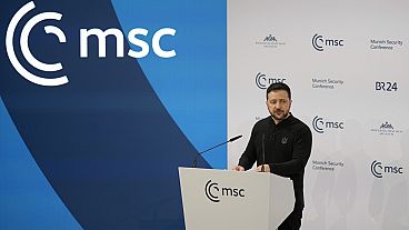 Ukraine's President Volodymyr Zelenskyy speaks during the Munich Security Conference at the Bayerischer Hof Hotel in Munich, Germany, Saturday, Feb. 15, 2025